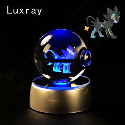 Pokemon 3D Crystal Ball Pokeballs with LED Light Base, Kids Anime Toy Gifts