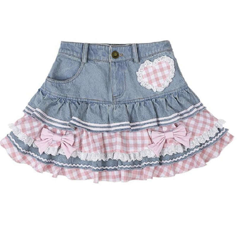 Gingham & Denim Ruffled Skirt CLOUDANIMESTUDIO