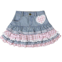 Gingham & Denim Ruffled Skirt CLOUDANIMESTUDIO