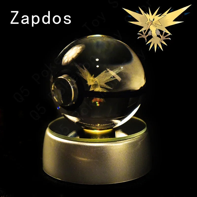 Pokemon 3D Crystal Ball Pokeballs with LED Light Base, Kids Anime Toy Gifts