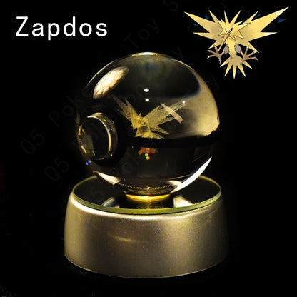 Pokemon 3D Crystal Ball Pokeballs with LED Light Base, Kids Anime Toy Gifts