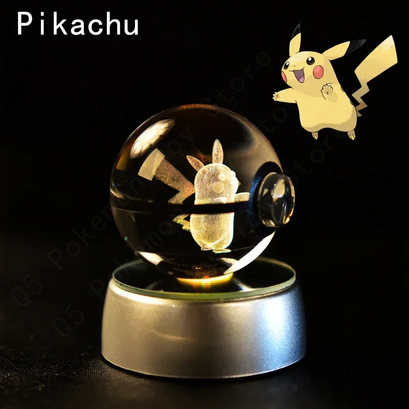 Pokemon 3D Crystal Ball Pokeballs with LED Light Base, Kids Anime Toy Gifts