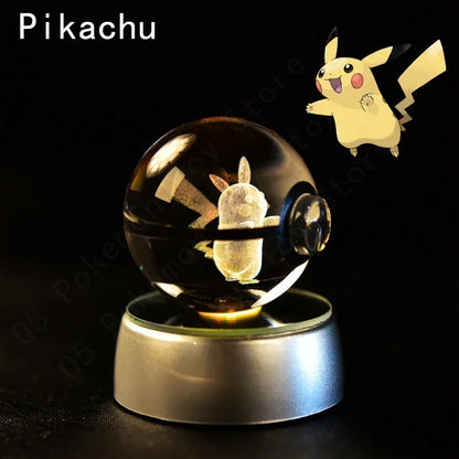 Pokemon 3D Crystal Ball Pokeballs with LED Light Base, Kids Anime Toy Gifts