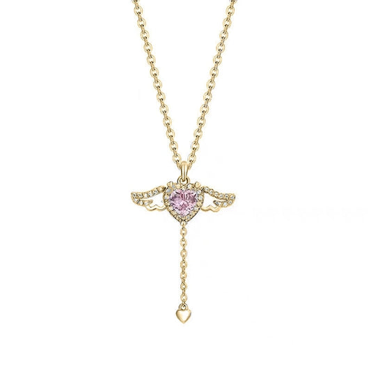 Pink Crystal Heart Angel Wings Pendant Necklace