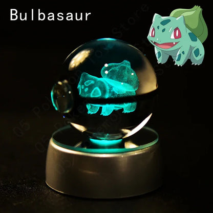 Pokemon 3D Crystal Ball Pokeballs with LED Light Base, Kids Anime Toy Gifts