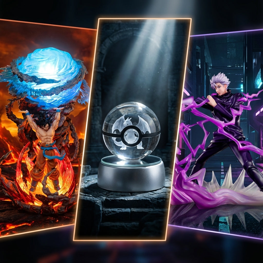 Three panels featuring a crystal ball, a character with purple hair, and a fiery creature.