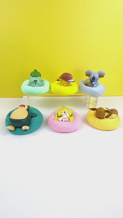 Mini Pokemon Anime Figurines, Sleeping Bean Bag Pikachu Bulbasaur Snorlax Evee Jirachi Komala 6pc Figure Set