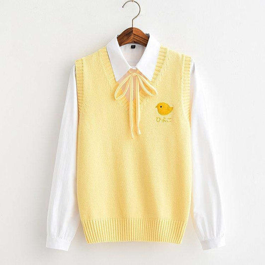 Yellow Sweater Vest with Chick Embroidery CLOUDANIMESTUDIO